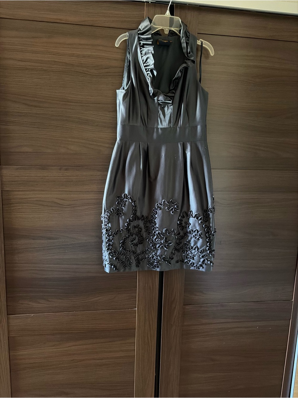 Just...Taylor Charcoal Gray Ruffled V-Neck Mini Dress